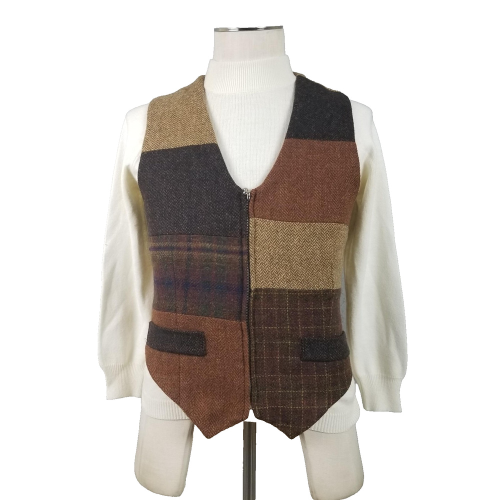 Charles Klein‎ Wool Vest Womens 8 Brown Herringbone Tweed Patchwork Country
